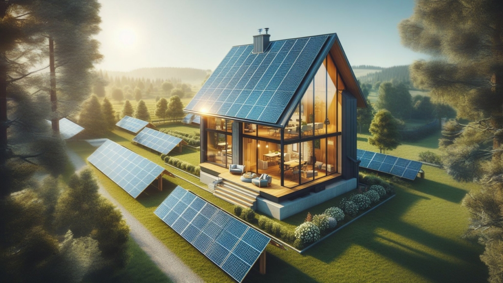 Une maison de banlieue avec de nombreux panneaux solaires sur le toit et au sol