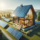 Ένα προαστιακό σπίτι με πολλούς ηλιακούς συλλέκτες στην οροφή και στο έδαφος