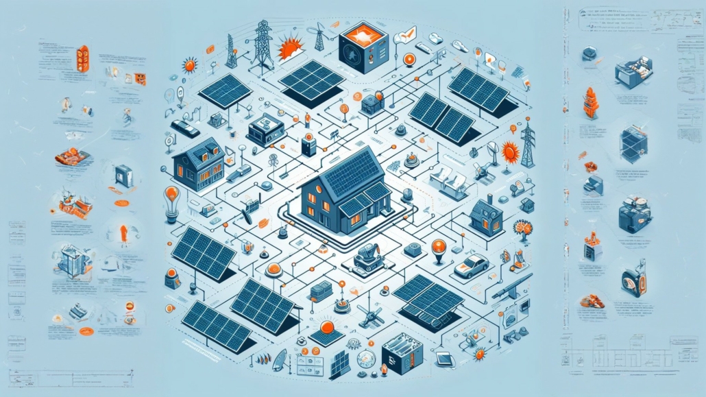 Графична схема на домакинство, захранвано със слънчева енергия в мрежата, което е част от електрическата мрежа