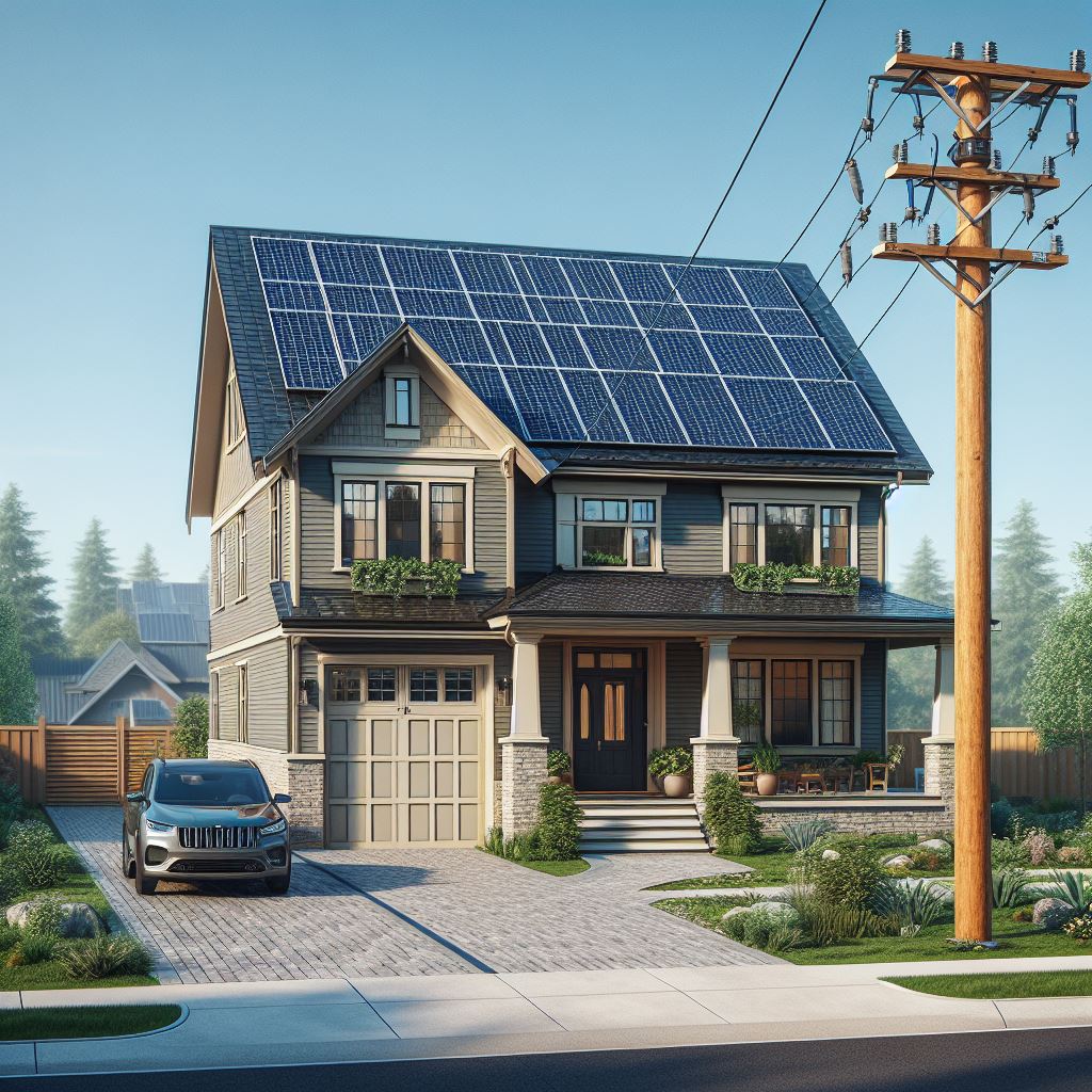 egy külvárosi ház képe egy autóval a felhajtón. A tetőn napelemek vannak, és a ház kábelekkel csatlakozik a hálózathoz