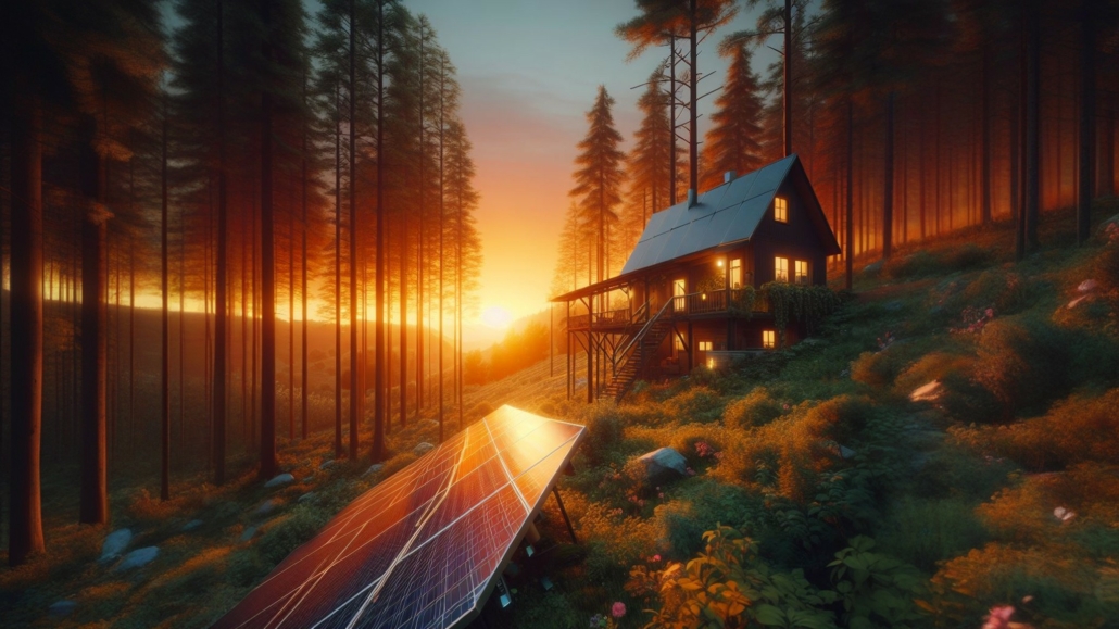 A cabin in the woods at sunset with solar panels in the front