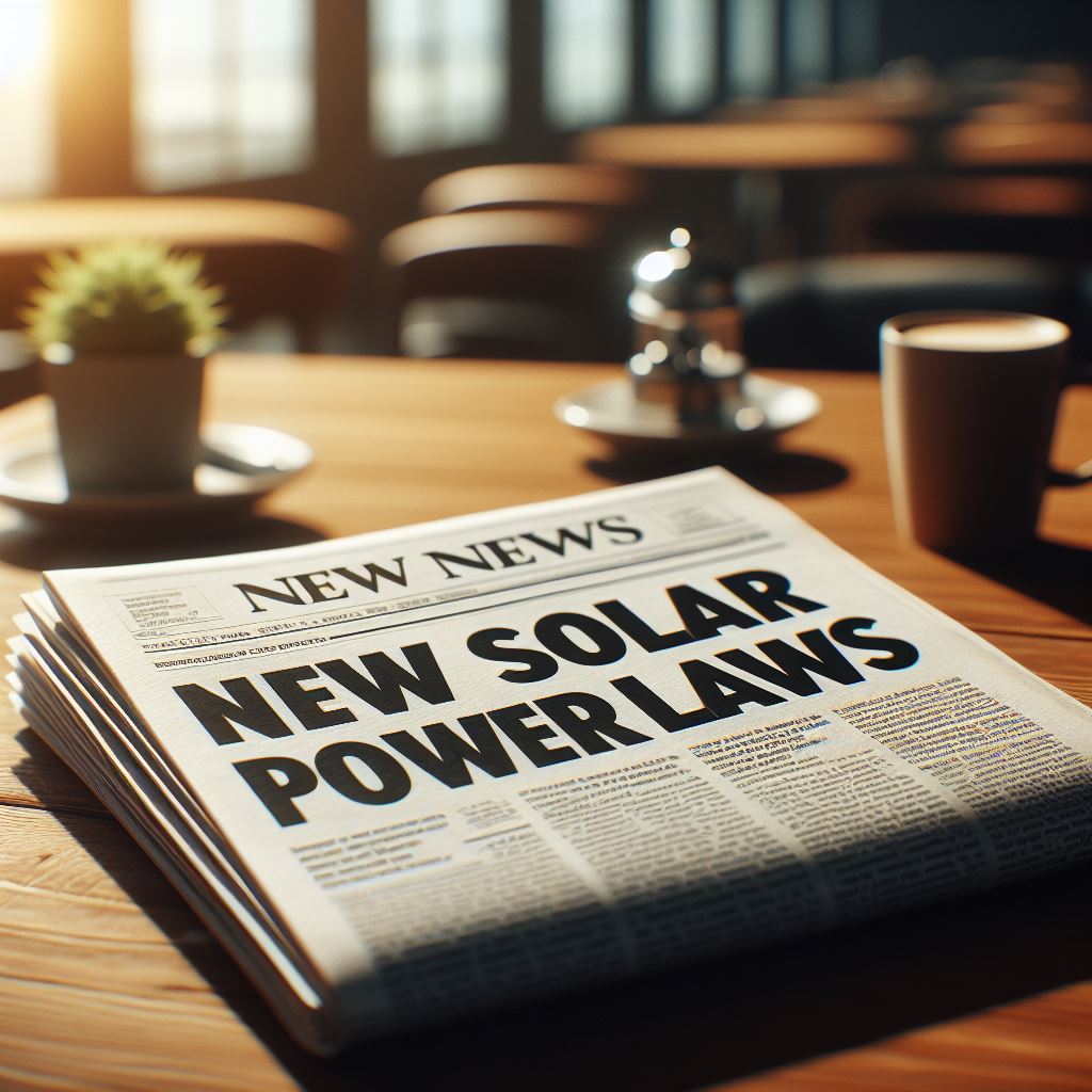A folded newspaper on a coffee table with a headline "New Solar Power Laws"